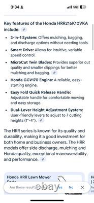 Honda Walk Behind Self-Propelled Lawn Mower Gas Variable Speed with Auto Choke