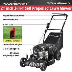 Power Smart 21-Inch 3-In-1 Gas Powered Self-Propelled Lawn Mower with 209Cc Engi