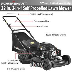 Power Smart 22-Inch 3-In-1 Gas Powered Self-Propelled Lawn Mower with 200Cc Engi