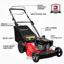 Self Propelled Gas Lawn Mower with 170cc Engine, 21-Inch One-Piece Steel Deck, Red